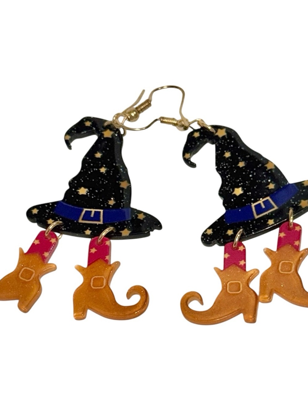 NWOT Halloween Witch Hat and Boot Dangle Pierced Earrings - Black, Blue, Gold